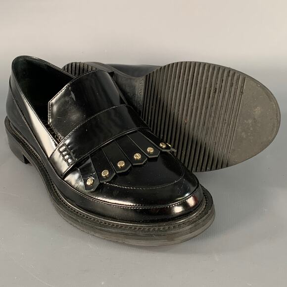 APERLAI Size 7.5 Black Silver Studded Patent Leather Fringed Moccasin Flats - Picture 5 of 14